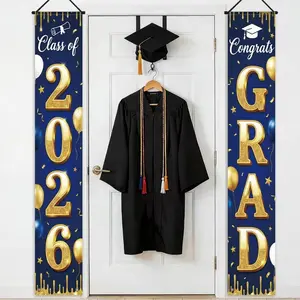 2D Flat Banner Set, Graduation Party Decoration, Graduation Pictorial, Blue Background, Diploma & Cap Design, Polyester Material, Indoor Outdoor Hanging