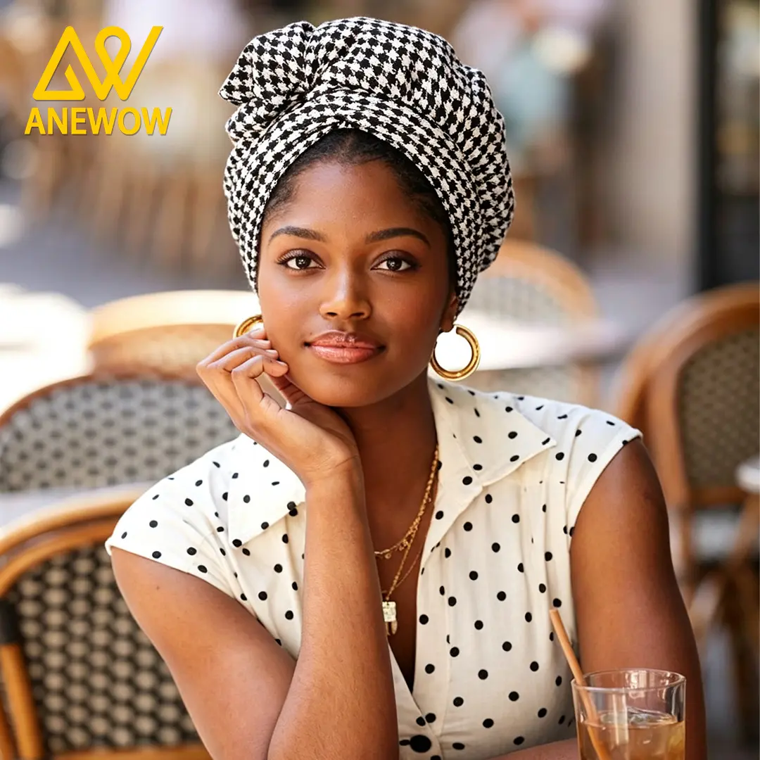 ANEWOW Black White Houndstooth Satin Lined Headwrap Soft Fabric Hair Wrap Bonnet For Curly Hair Daily Night Hair Care