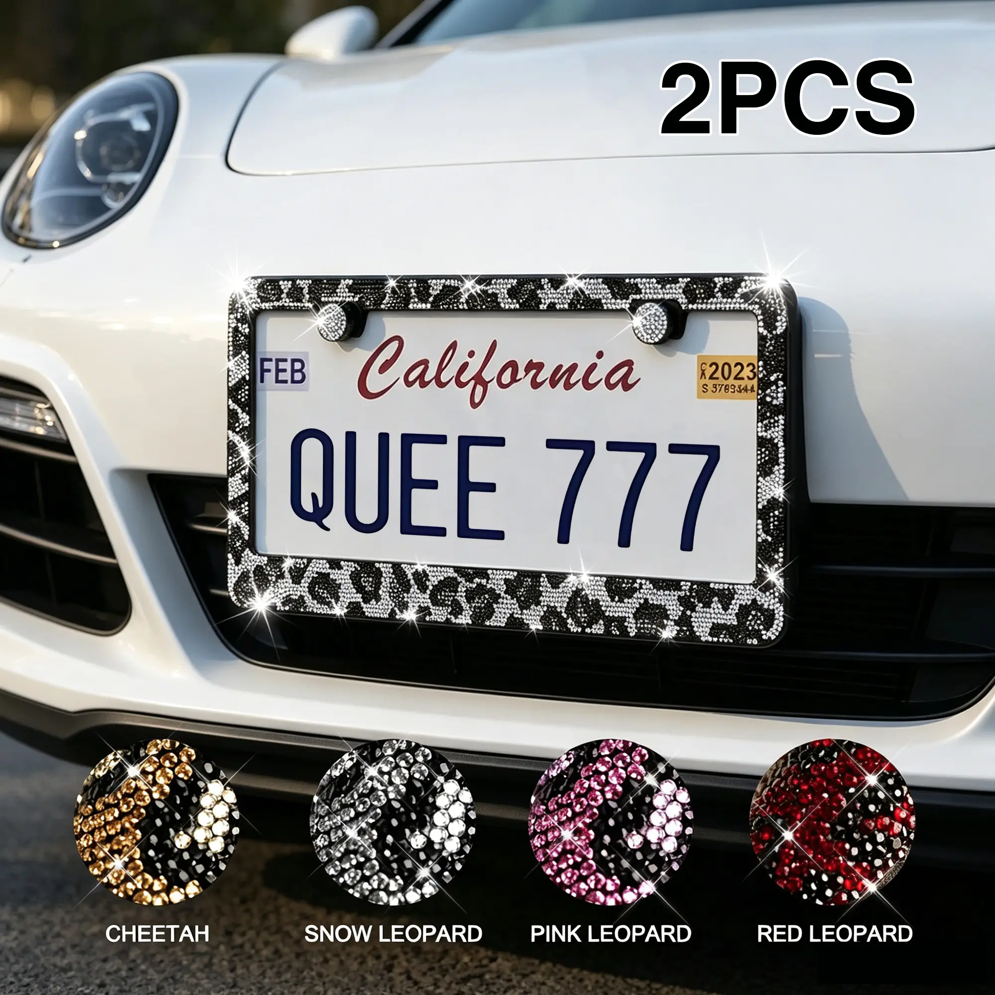 Bling Queen Bling Leopard License Plate Frame 2PCS, Sparkly Rhinestone Car Decor, Cute Girly Auto Accessories Gift for Women, Car Accessories, Leopard Print