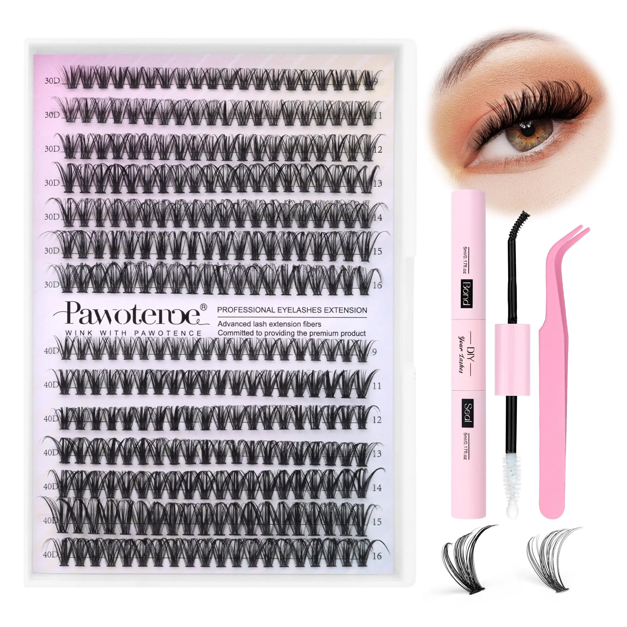 Lash Extension Kit DIY 280pcs Lash Clusters Eyelash Extension Kit, 9-16mm 30D 40D Individual Lashes Kit with Lash Bond and Seal, Lash Tweezers for Self Use (30D&40D, 0.07D, 9-16mm, Kit)