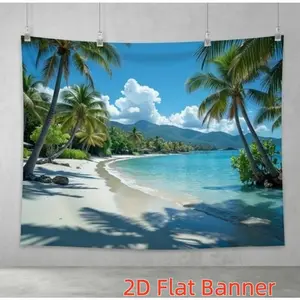 1PC Custom 2D Flat Polyester Backdrop - Tropical Beach Coconut Palm Landscape Banner, Birthday Party Decoration, Vacation-Style Indoor Outdoor Hanging Cloth