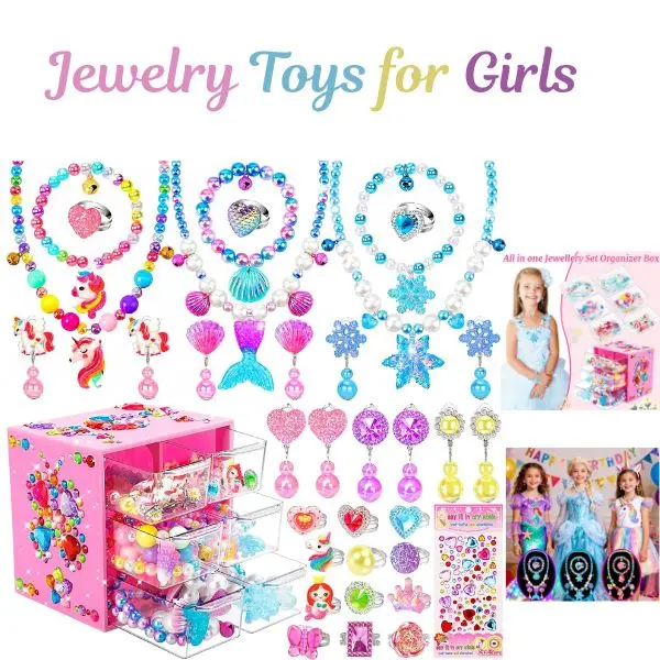 Girls' Costume Jewelry Set with  Necklaces, Rings, Clip-On Earrings for Princess Dress-Up, Kids Ages 3-8, Birthday Gift Ideas, Accessories, Crystal, Metal, Pretend Play, Safe Material, Clip-On Ears