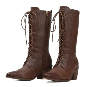 CELNEPHO Granny Boots for Womens Pointed Toe Knee High Fashion Boot Chunky Block Heel Lace Up Side Zipper Country Shoe Casual Work Motorcycle Combat Party Dress Shoes