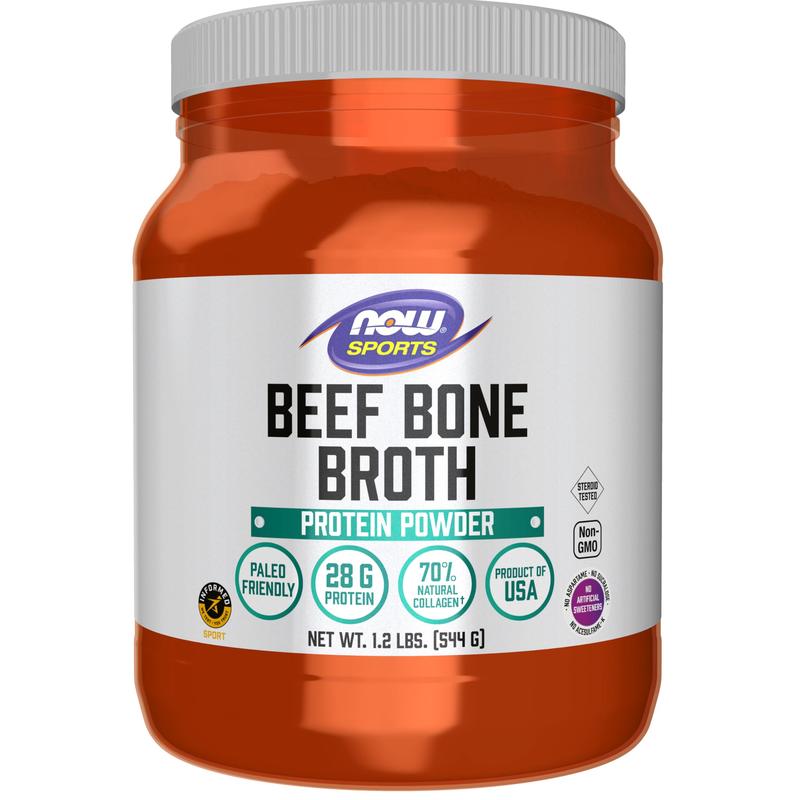 NOW Sports Nutrition Dietary Healthcare Beef Bone Broth Powder Supplements - 1.2lb Premium Pure Beef Bone Extract, High Protein, 28g Amino Acid Boost, Collagen Support, NPA Certified, Fitness Paleo-Friendly Fuel