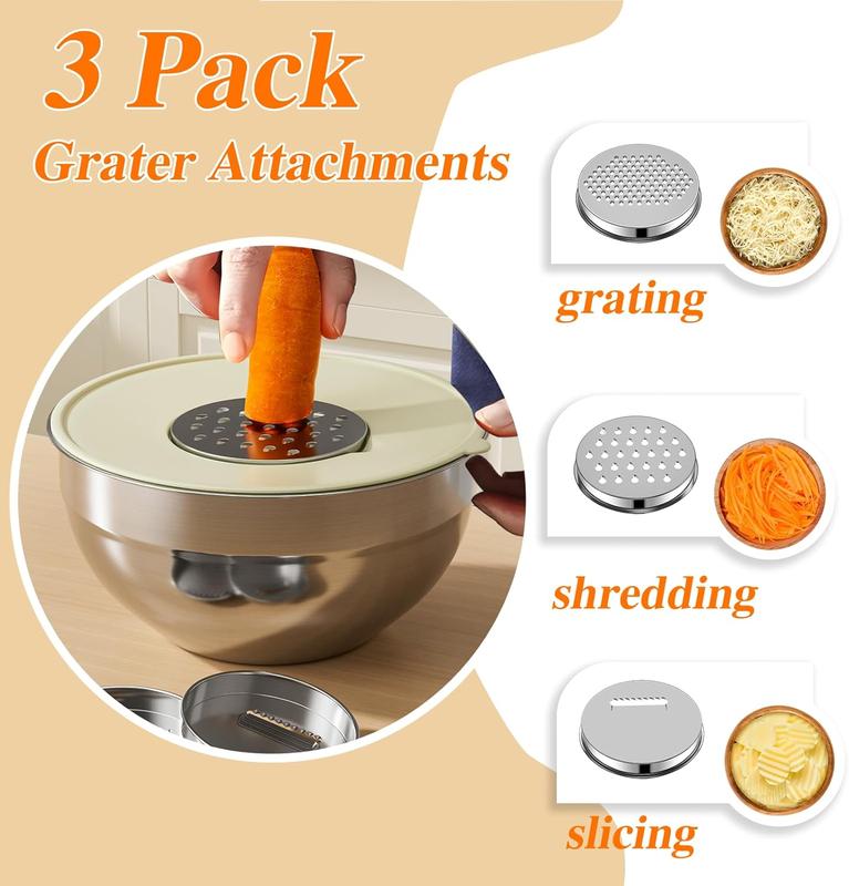 6 Piece Mixing Bowl with Lids Set,Stainless Steel Storage Bowls Kitchen,3 Grinder Attachments,Tableware Food Organizer Nesting Bowls Cooking Baking Airtight