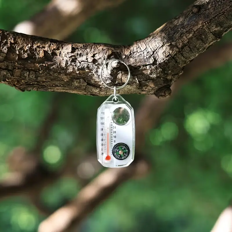 4-In-1 Compass Thermometer Magnifying Glass Keychain, Portable Mini Compact Multifunctional Tools Keychain for Outdoor Camping Hiking Adventure Navigate