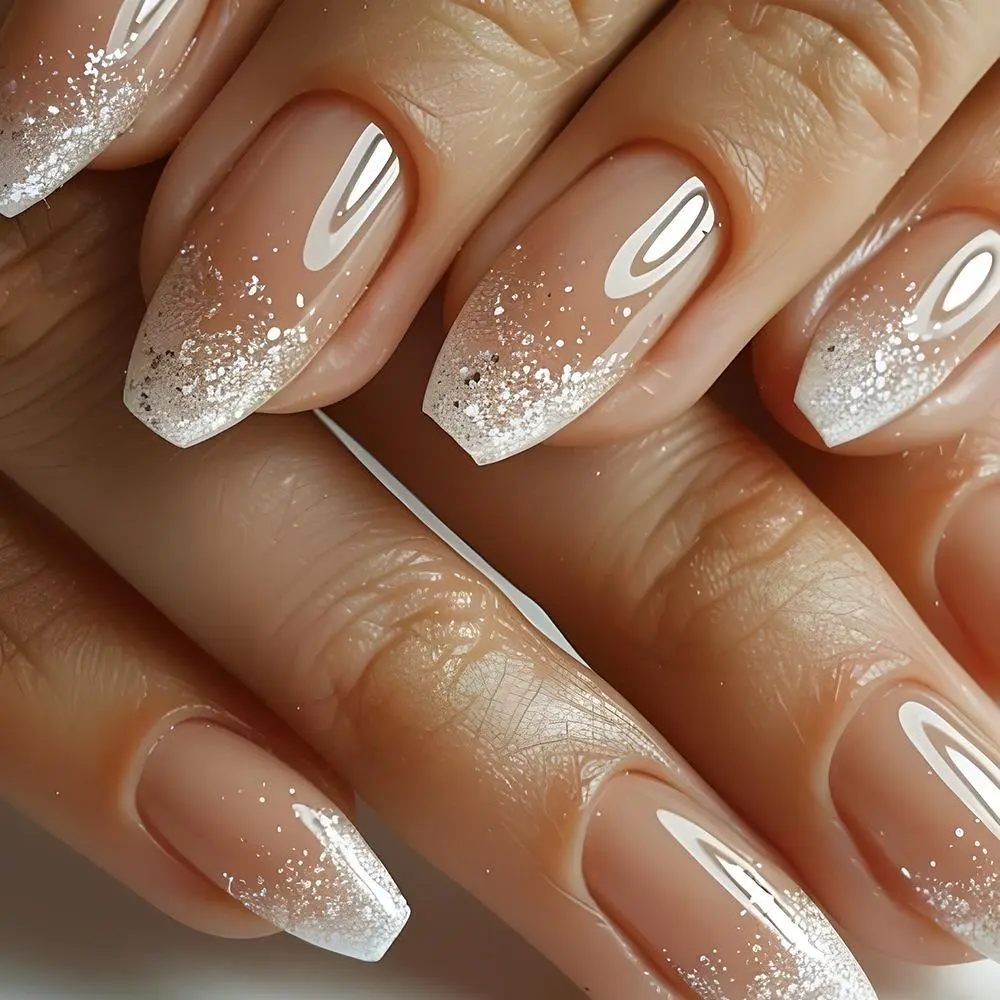 24Pcs Pink Square False Nails Glitter Nails Art Wearable Fake Nail Silver French Ballerina Full Cover Acrylic Press on Nail Tips