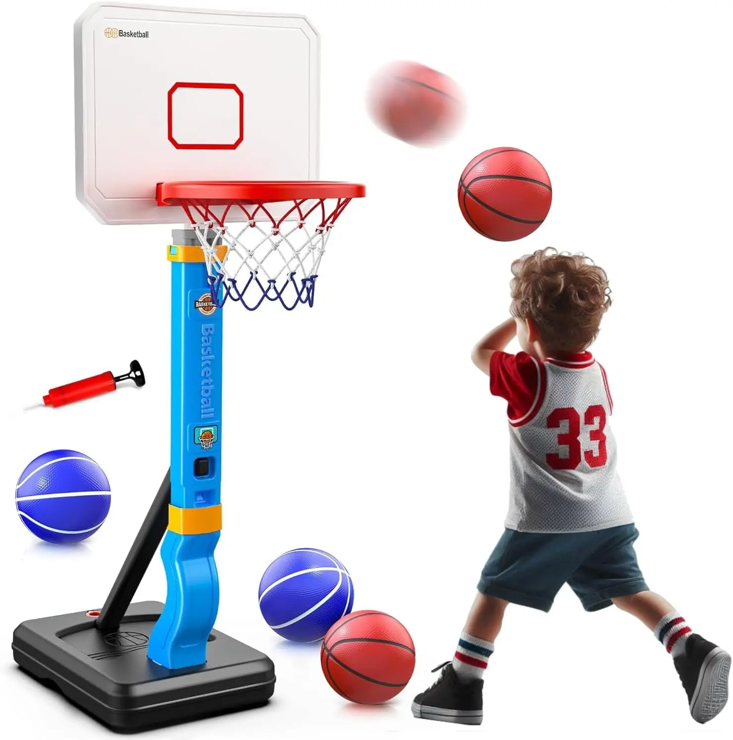Kids Basketball Hoop Set with 4 Balls, Adjustable Height Goal Board Stand, Bent Pole for Stability, Compact Package, Durable Material, Easy to Assemble, Fill Water or Sand, Indoor-Outdoor Toddler Toy Gift, Blue