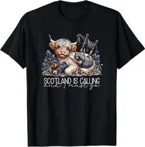 Scotland is Calling Scottish Highland Cow Bagpipes & Thistle T-Shirt