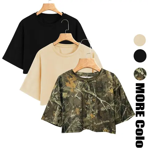 Women's Plain/ Branch Print Drop Shoulder Crop Tee, Casual Loose Tee, Casual Half Sleeve Round Neck T-shirt for Summer, Ladies Clothes for Daily Wear