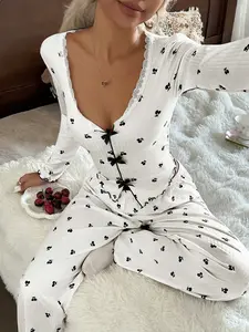 Women's Cherry Print Spring Sleepwear Set, Lace Square Neck Butterfly Long Sleeve Top and Pants, Casual Elegant Night Loungewear