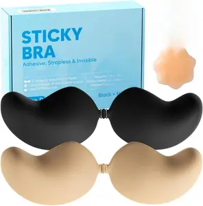 Sticky Bra Push Up – Backless, 2 Pair Invisible Adhesive Strapless Bra with Clip - A-D Cup
