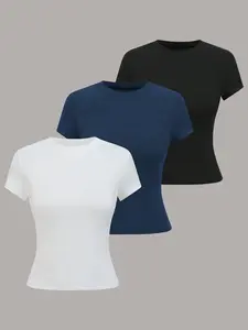 Women's Solid Round Neck Basic Tee, Casual Short Sleeve Crew Neck T-Shirt for Summer, Fashion Women's Top for Daily Wear, Womenswear