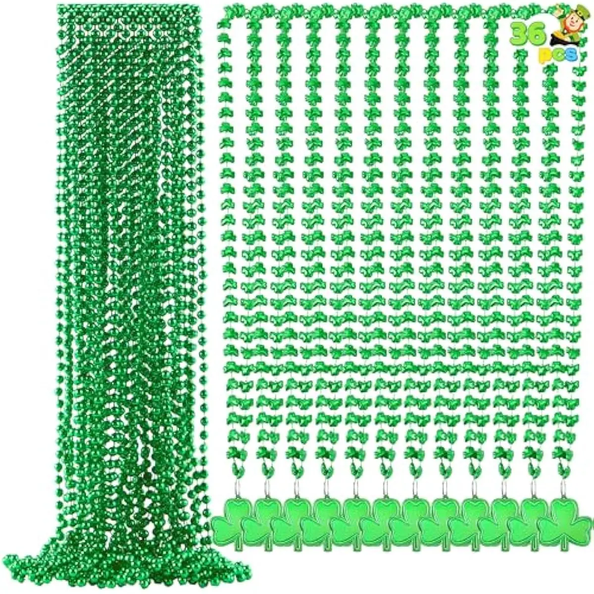 36 Pcs St. Patricks Day Necklaces Set, 18 Bead & 18 Shamrock Bead Necklaces with Pendant, Accessory Set for Party Favor Supply