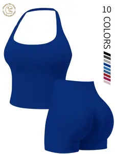 Women's Two-Piece Set, Solid Color Halter Top & High Waist Shorts, Sporty Breathable Quick-Dry for Yoga Gym Workout Running, Fitness Sportswear Set, Summer Sports Clothes