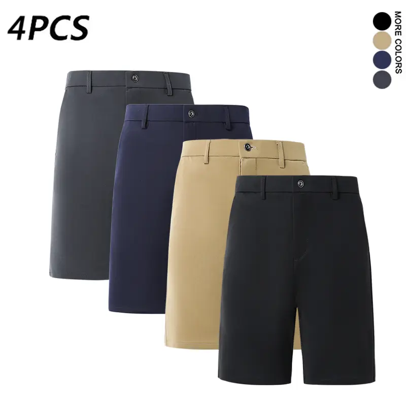 Men’s black suit shorts — loose fit that covers the hips, drapey mid-thigh length (available in four-pack or single pack).summervibes