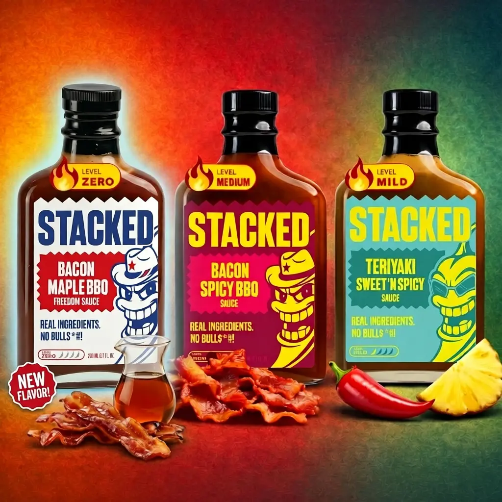 STACKED Freedom 3 Pack — Freedom Sauce Maple Bacon BBQ, Bacon Spicy BBQ, Teriyaki Sweet 'N Spicy