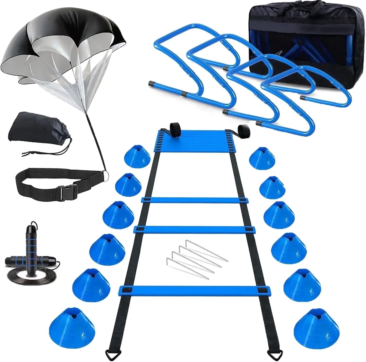 All-in-One Soccer Agility Training Equipment 20FT Speed Ladder with 4 Stakes 4 Adjustable Hurdles 12 Soccer Cones Speed Parachute Jump Rope Footwork Poster Portable Carry Bag Full Set Sports Training Gear