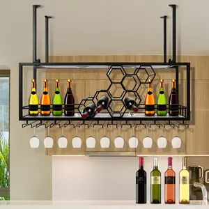 Creative Red Wine Glass Rack Black Hanging Bar Table High-Foot Display Shelf for Wine Bottles & Glasses Classic Home Decor with Honeycomb Bottle Storage Design