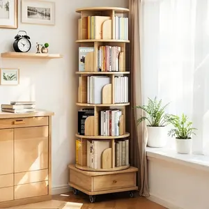 6 Tier Rotating Bookshelf, 360 °   Display Round Spinning Bookshelf with Wheels and Drawer, Space-Saving, Small Space Rotating Bookshelf Tower for Bedroom, Living Room, Home, Office, Wood Color(High end and high-quality)