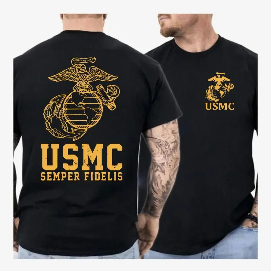 Classic Seamless Sport USMC Semper Fidelis T-Shirt - Marine Corps Eagle Globe Anchor Graphic, Patriotic Military Veteran, 2-Sided Print Unisex Cotton Tee, Menswear
