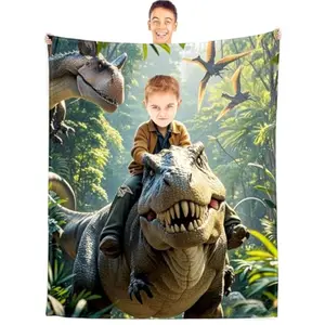 Personalized Dinosaur Blanket for Boys Men, Custom Photo Face Dino Throw Blankets with Name, Customized Throw Blanket , Dinosaur Gifts for Kids Birthday