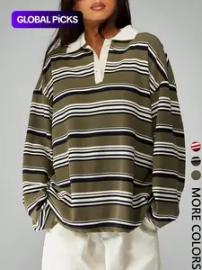 Vintage Casual Comfortable Stylish Loose Fit Striped Collared Long Sleeve Women's Top T-Shirt for Daily Commute and Dating