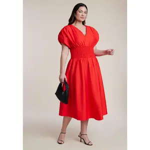 ELOQUII Women's Plus Size V Neck Flared Poplin Midi Dress