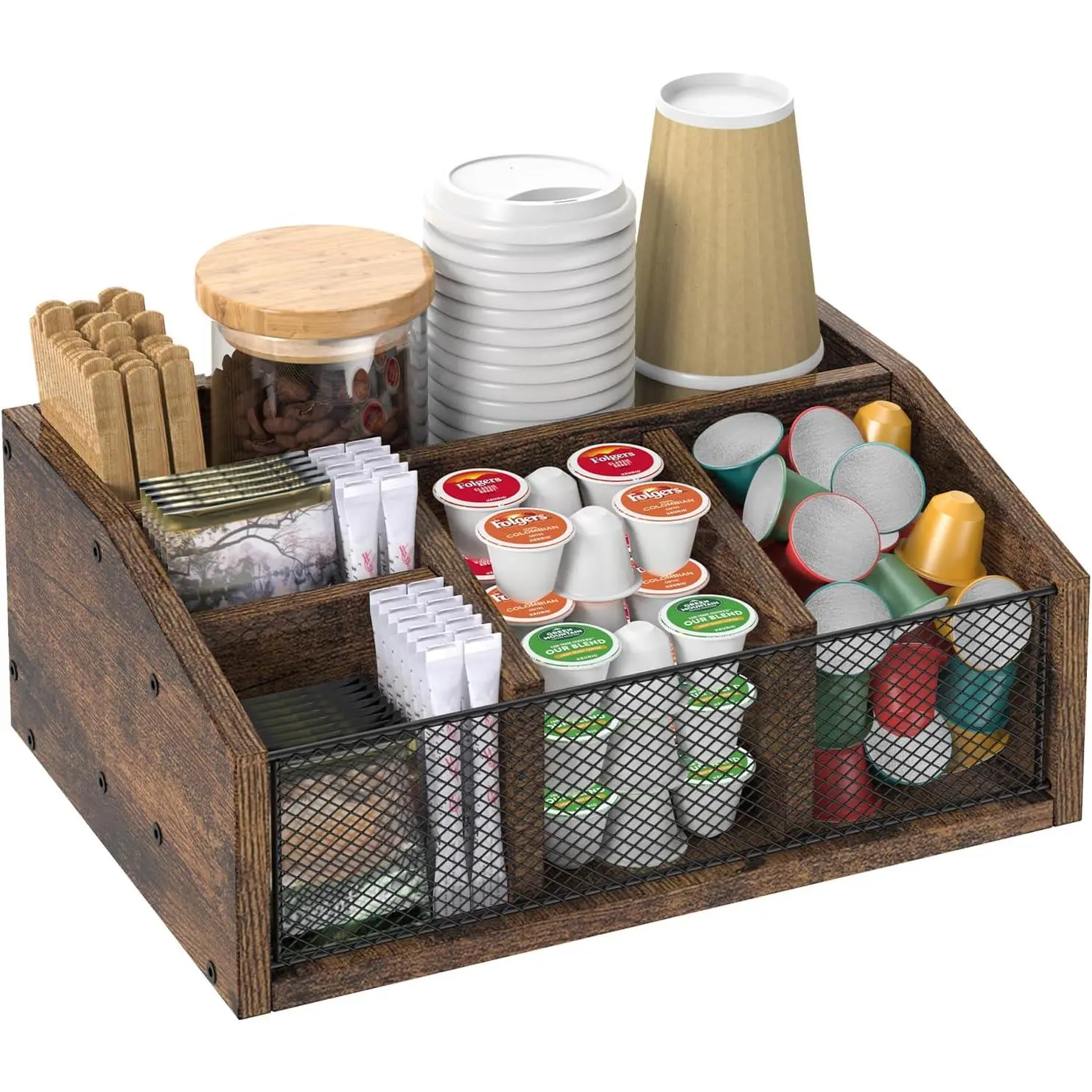 Wooden Coffee Bar Station Organizer Countertop Tea Condiment Storage Basket K-Cup Pods Holder for Decor Storage Rustic Brown Coffee Bar Accessories