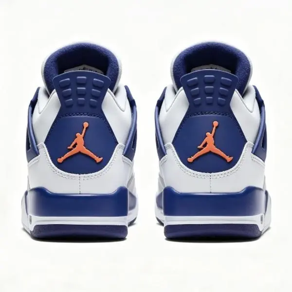 Brand New Sealed Unisex White Navy Blue Grey Pebbled Cow Leather Mid Top Retro Basketball Sneakers, Orange Heel Logo White Flat Laces Grey Rubber Midsole Breathable Mesh Casual Street Sports Shoes With Original Shoe Box