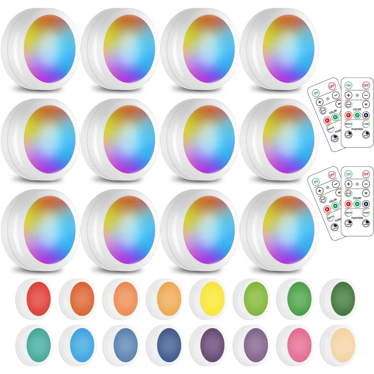 16 Color Changing LED Puck Light 12 Pack LED Under Cabinet Lighting Closet Light   Night Lights with Remote Control Dimmer & Timing Function