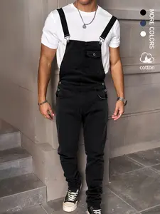 Men's Fashion Slim Fit Denim Jumpsuit, Elastic Jean Fabric Adjustable Straps & Pockets, Workwear Overall, All Seasons Casual Washed Harem Jumpsuit