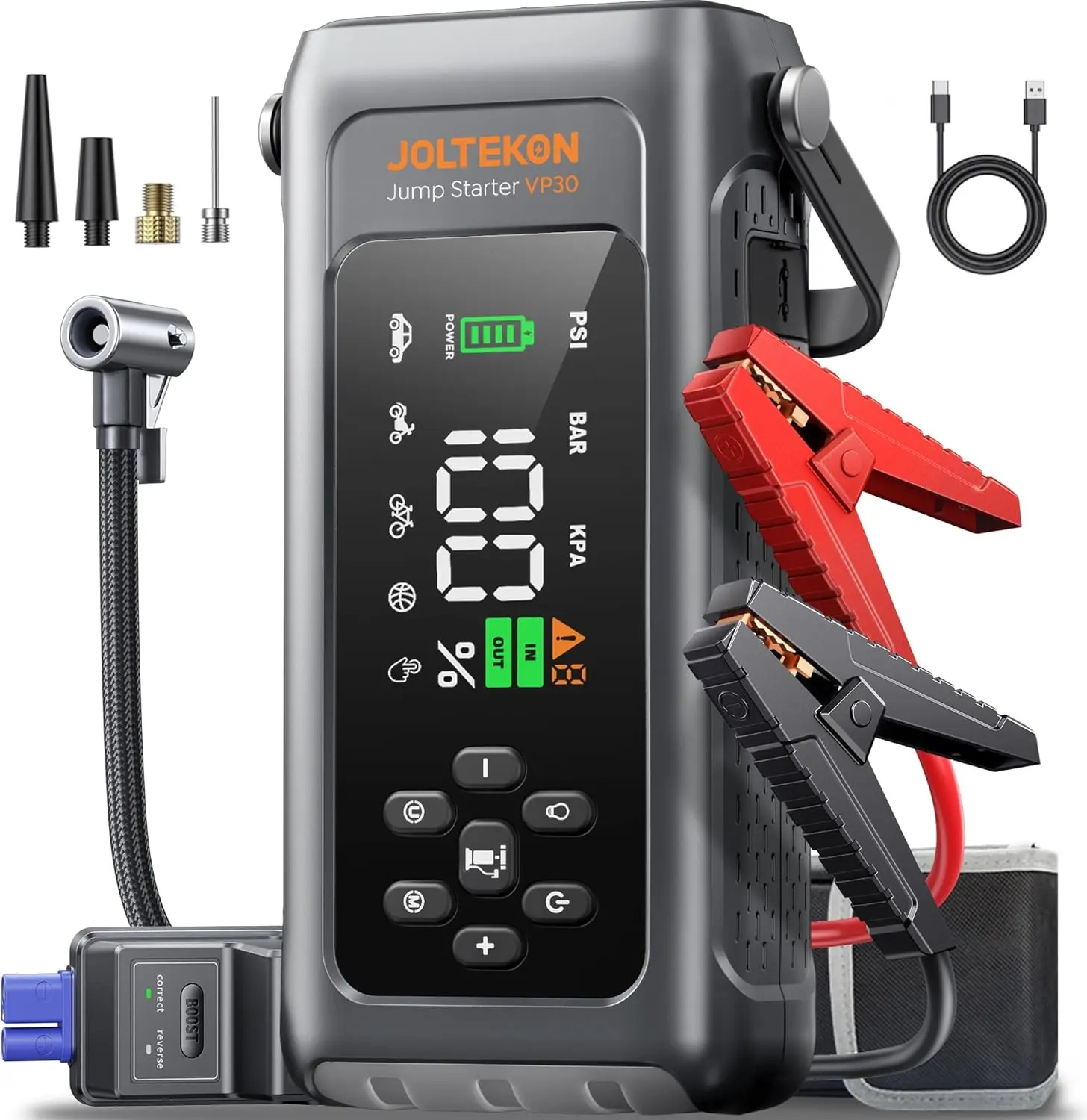 Joltekon VP30 Car Battery Jump Starter with Air Compressor 4500A 150PSI, Car Jumper Starter Portable (9L Gas/8L Diesel), Jump Box Car Battery with Auto-Shutoff Tire Inflator, Jumper Cables and Light