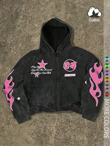 Unisex Street Style Flame Print Hooded Sweatshirt, Long Sleeve Zipper Letter Hoodie, Casual Fitted Fall & Winter Clothing