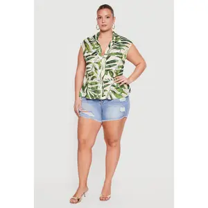 Plus Size Zip Front Drawstring Waist Cap Sleeve Blouse