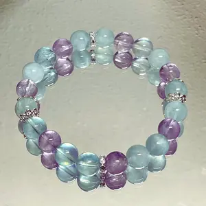 AAA+ Amethyst & Aquamarine |8mm Purple Blue Stretchable Beaded Gemstone Bracelet|Healing Crystal|Heart Chakra|February / March Birthstone