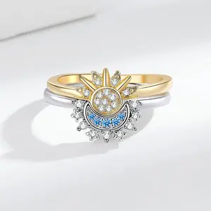 Sun & Moon Couple Matching Rings - Diamond-Inlaid Stackable Style, Open Adjustable Bands for Couple