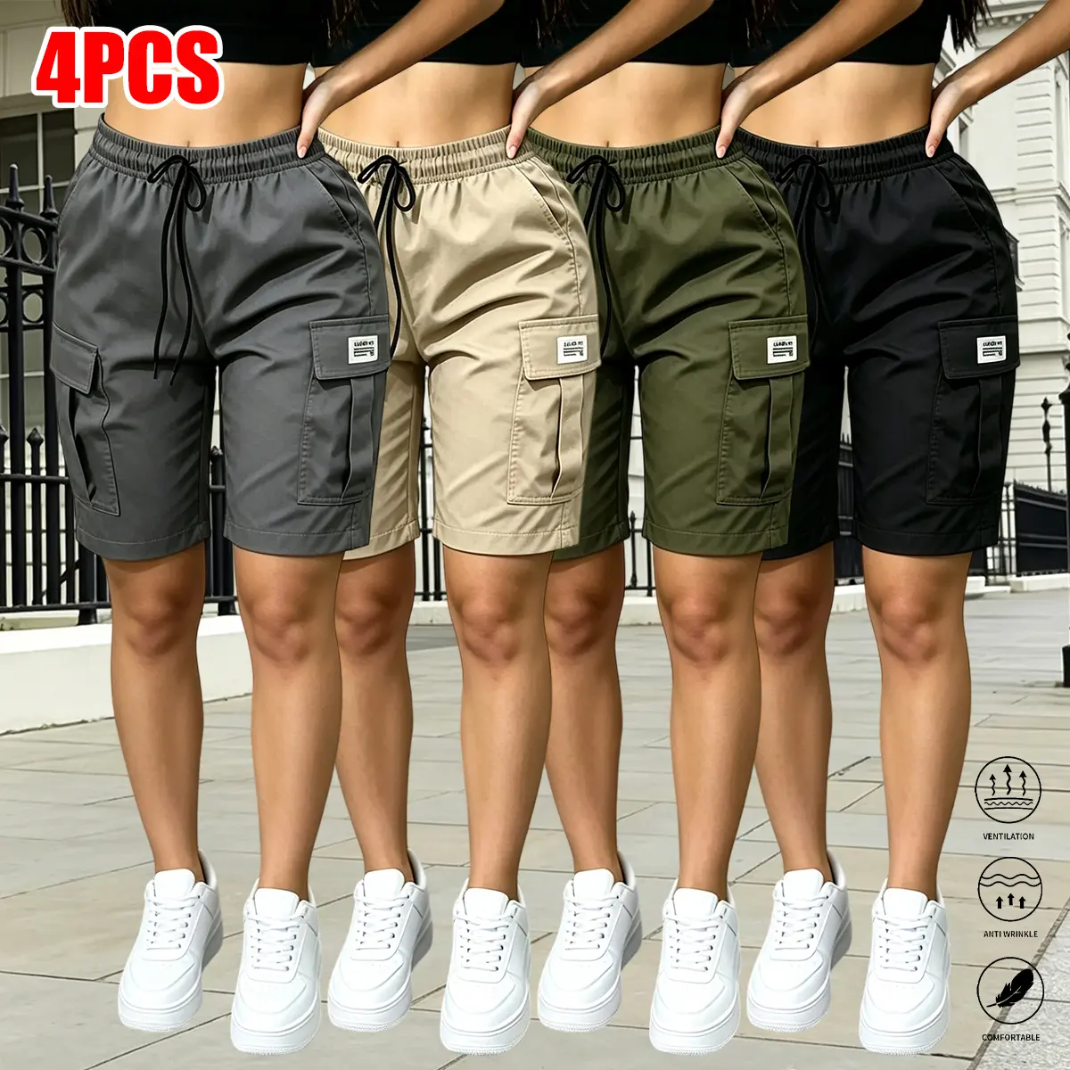 Pack of 4 women’s outdoor shorts: multi-pocket cargo shorts in solid colors for outings and casual shopping; breathable summer wide-leg athletic mid-length shorts; available in multiple colors; versatile multi-pocket casual shorts.
