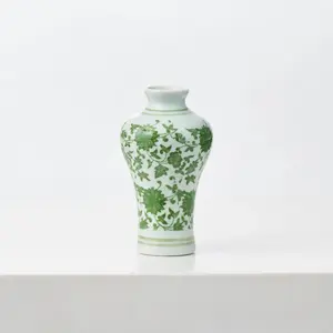 Green & White Floral Painted Chinoiserie Ceramic Plum Vase