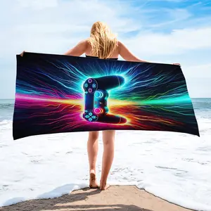 Neon Electric Gaming Controller Print Beach Towel, Outdoor Camping Towel for Girls, Sand-Free, Quick-Dry, Lightweight Pool Towel, Cyberpunk Style Bath Blanket, Perfect for Beach, Camping, Swimming, Yoga,A Vacation Essential Suitable for All Seasons