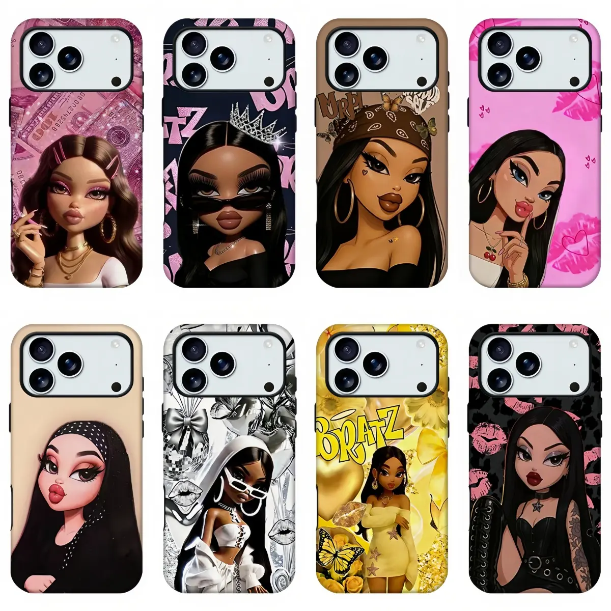Bratz Doll Sticker Collage Phone Case, Pink Y2K Fashion Girl Full Print Shockproof Cellphone Casing, Glam Retro Hip Hop Girly Trendy Shell for iPhone11 12 13 14 15 16 17 pro max and Samsung S21-S26 .Perfect for Her/Him Girly Phone Caseslovely stylish gift