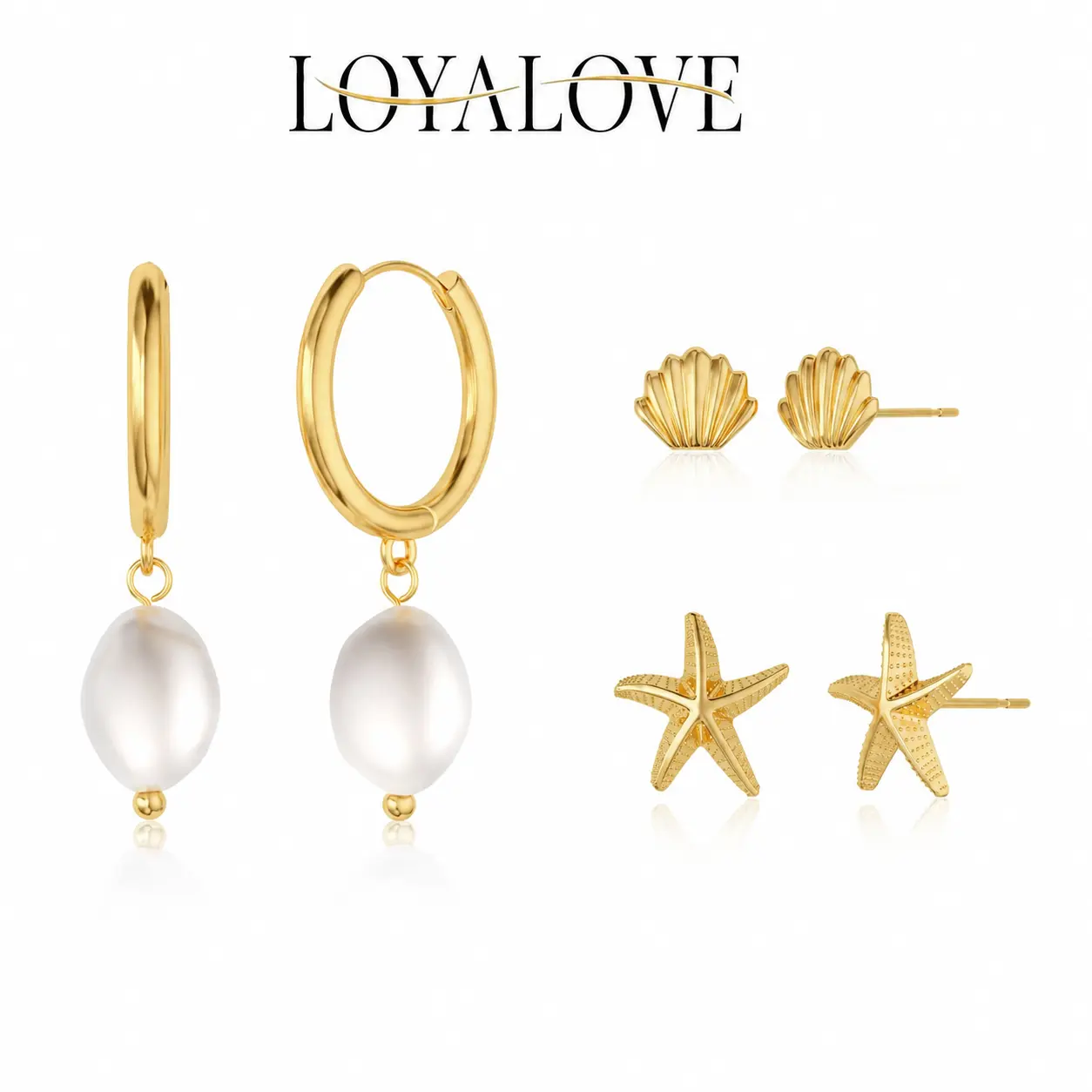 LOYALOVE 3-Pair Gold Earrings Set for Women, Pearl Drop Hoop Earrings, Starfish Studs & Seashell Earrings, 14K Gold Plated Hypoallergenic Waterproof Jewelry, Beach Vacation Gift