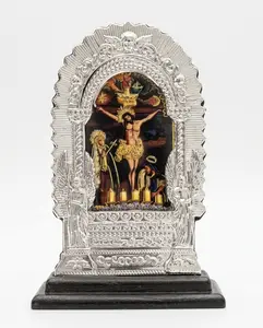Señor de los Milagros Peru Religious Altar – Silver Frame Catholic Devotional Art – Handmade Sacred Decor 3 1/2” x 5”