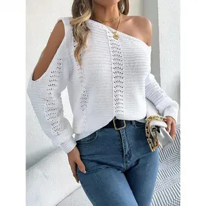 2025 Winter Hollow Long Sleeve Knitted Sweater Women Solid Casual Pullover Autumn Lady Off Shoulder Loose Jumper Knitwear Tops