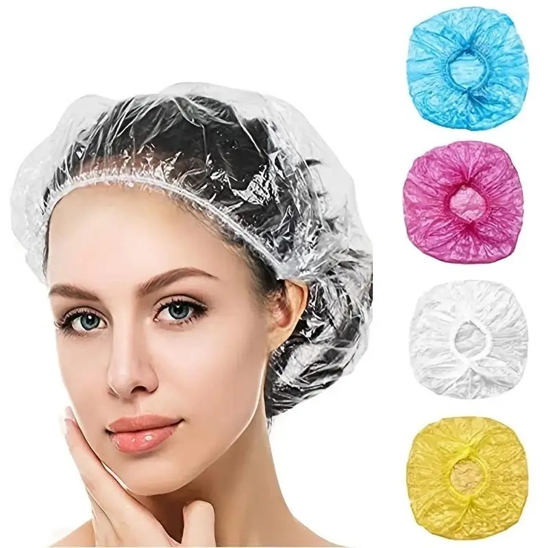100pcs Disposable Shower Caps, Plastic Elastic Bath Caps, Waterproof Shower Hair Cover, Home Goods