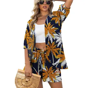 2 Piece Beach Cover Up Set – Kimono Top & Elastic Waist Shorts, Tropical Print Vacation Outfits for Resort & Cruise