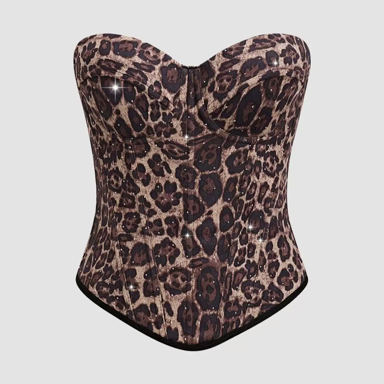 Surge Boutique Women's Sexy Fitted Leopard Print Tube Top Shapewear - Slight Stretch Boned Shaping Bra, Rhinestone Detachable Strap Top, Ideal for Parties & Daily Wear