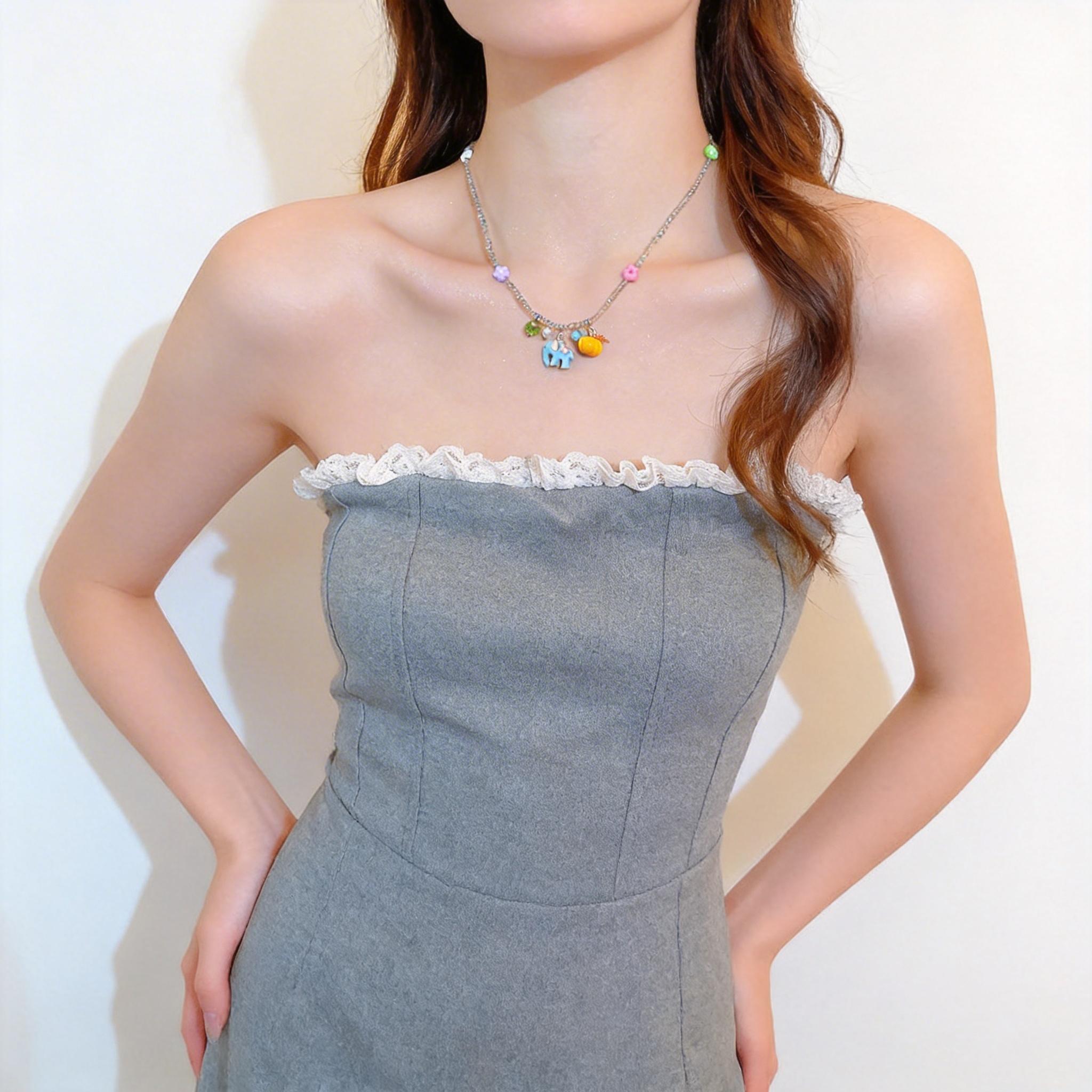 Hypoallergenic Cute Blue Elephant Pumpkin Pendant Necklace, Colorful Beaded Flower Choker for Girls, Sweet Gift for Daughter, Niece, Best Friend, Ideal for Summer, Holiday, Party & Everyday Wear