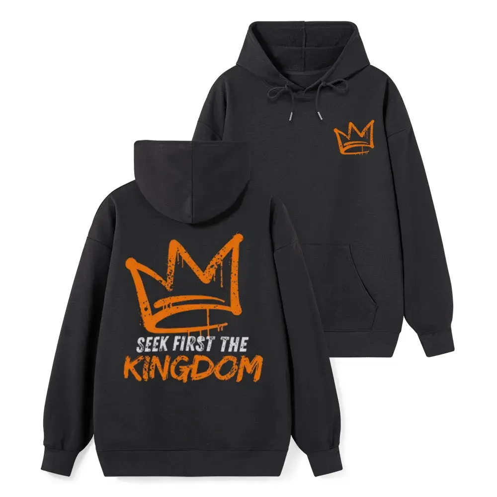 Streetwear Faith Hoodie Drip Orange Crown Front Chest Logo “Seek First The Kingdom” Back Graphic Oversized Pullover