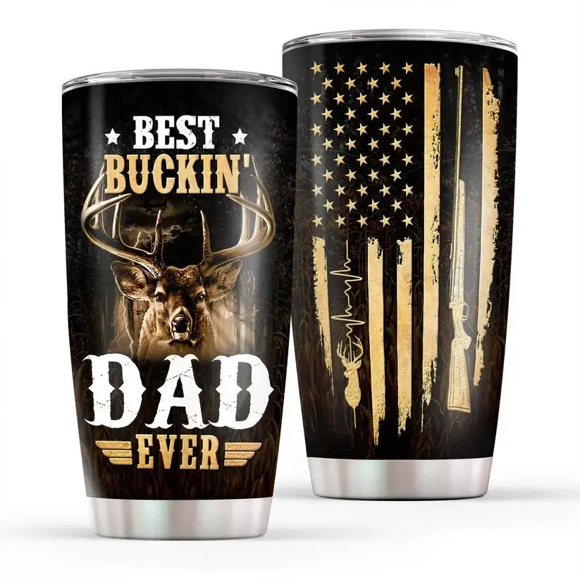 20oz Portable Thermal Vacuum-Insulated Stainless Steel Hunting Flask - Casual Buckin Dad Deer Hunter Tumbler with Lid, Patriotic American Flag Father’s Day Gift for Husbands (from Son/Daughter)